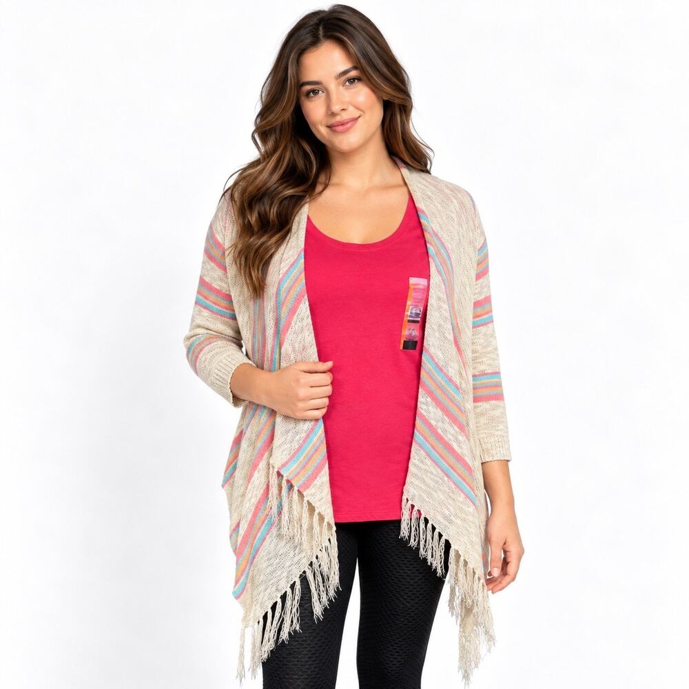 Maurices Womens Cardigan Sweater Crochet Back Striped Fringed Open Front Medium